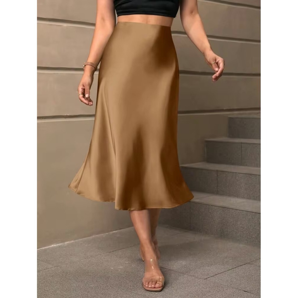 SHEINBAE Women Champagne Gold Satin Midi Skirt High Waisted Bias Cut Elegant